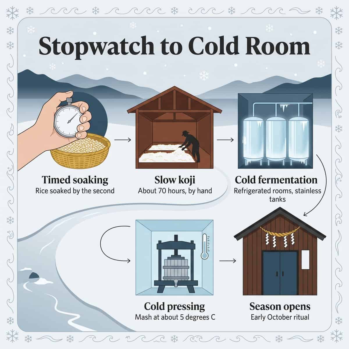 Process illustration of Isojiman brewing: timed rice soaking, hand koji, cold fermentation tanks, cold pressing and the season-opening ritual