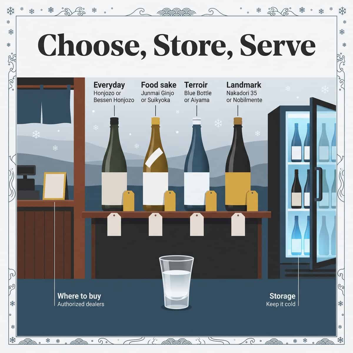 Illustration of sake bottles with tags on a shop shelf and a refrigerator, showing how to choose and store Isojiman sake