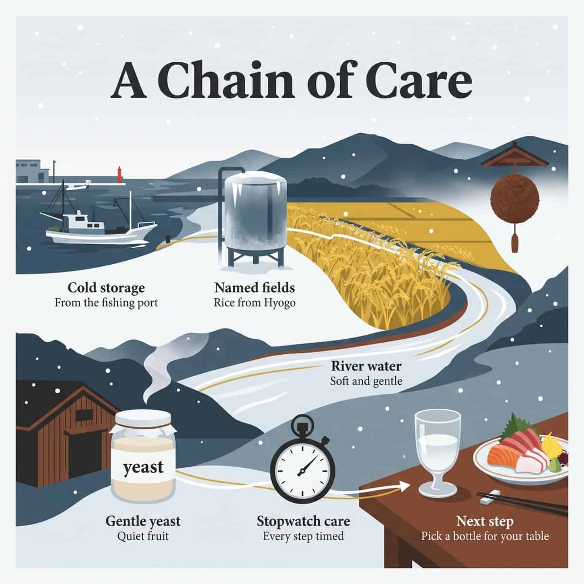 Illustration of a chain of care from fishing port and cold storage to rice fields, river water, yeast, a stopwatch and a glass of sake with sashimi