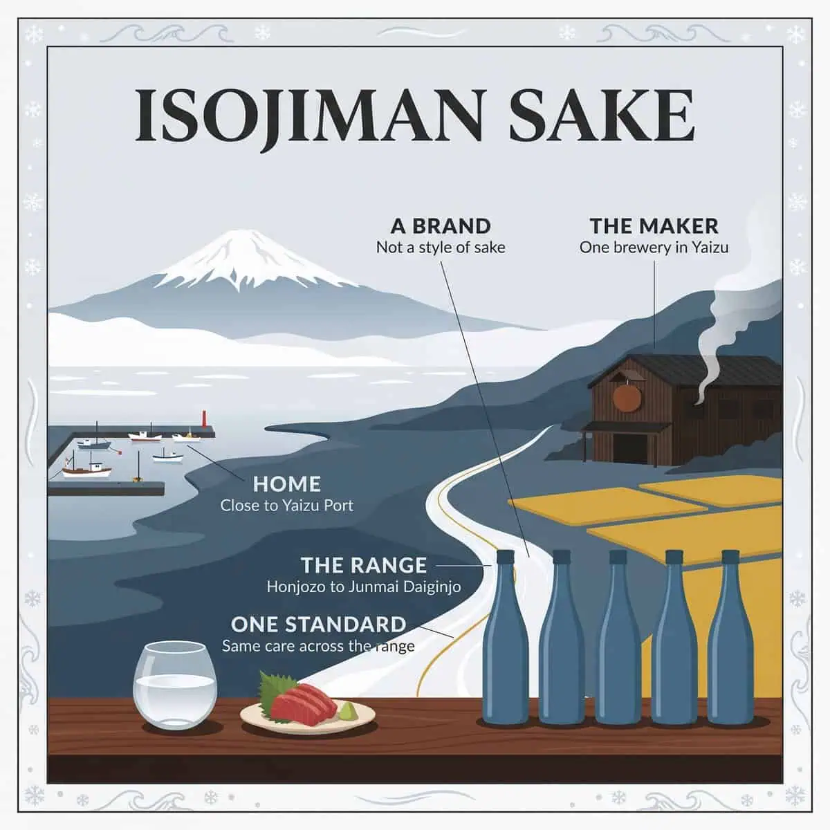 Illustration of Isojiman sake: Mount Fuji across Suruga Bay, a harbor near Yaizu, a dark timber brewery with a cedar ball, blue bottles and a glass of sake with tuna sashimi