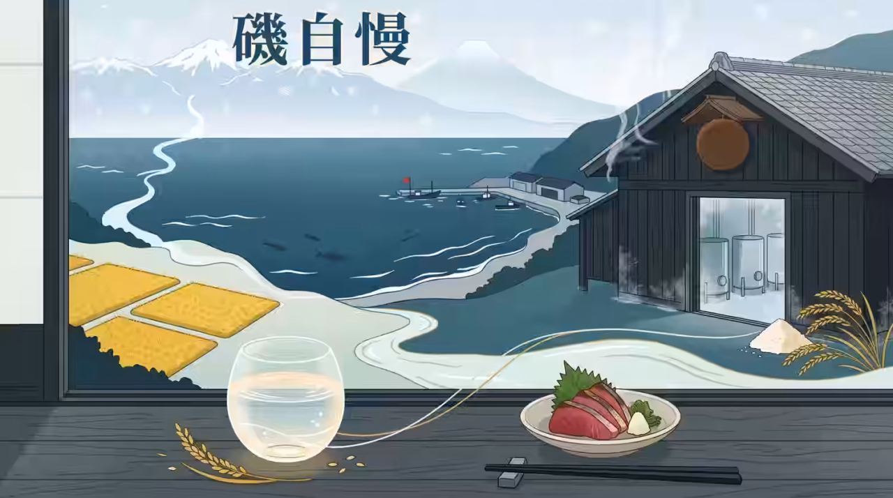 Isojiman sake illustration with the brand name 磯自慢 written in kanji