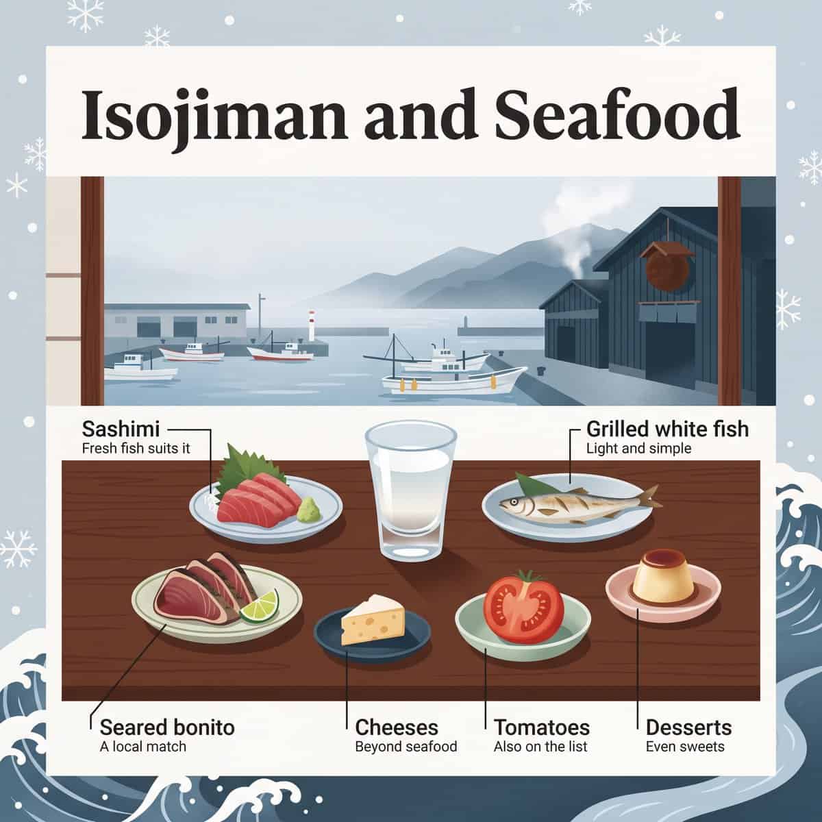 Table illustration of Isojiman sake with sashimi, seared bonito, grilled white fish, cheese, tomato and dessert, with a harbor view