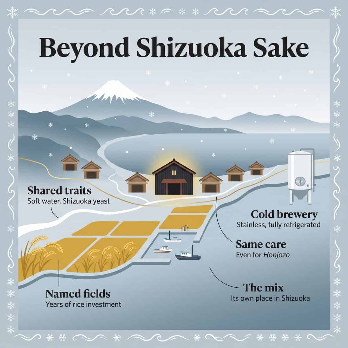 Illustration of a Shizuoka coastal scene with Mount Fuji, small breweries, rice fields and a highlighted dark timber brewery with a refrigerated tank