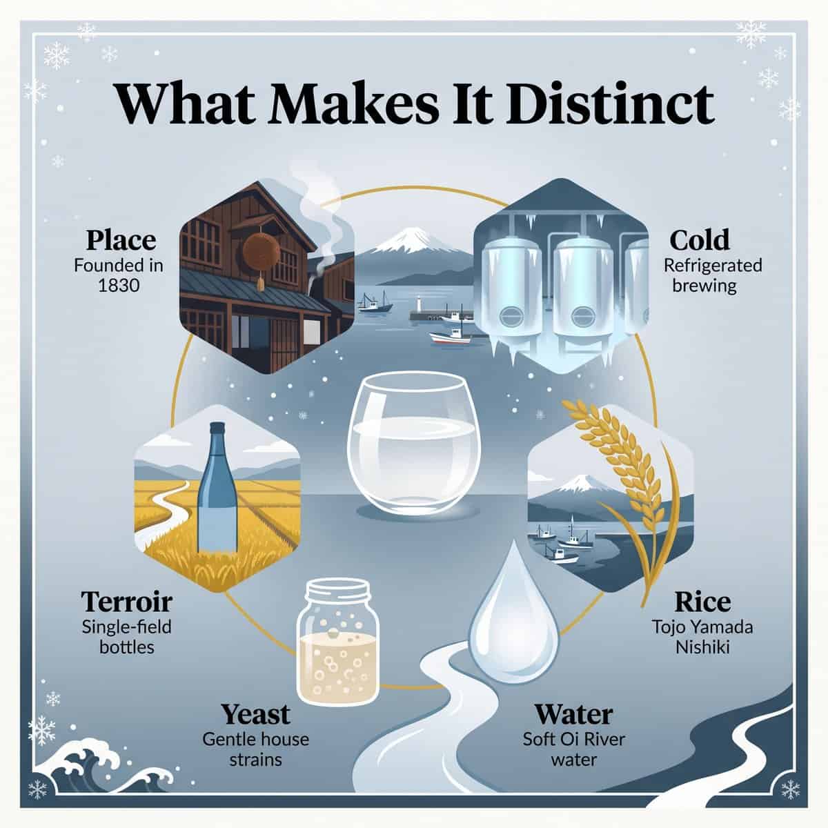 Circular illustration of six traits that make Isojiman distinctive: place, cold brewing, rice, water, yeast and single-field bottles