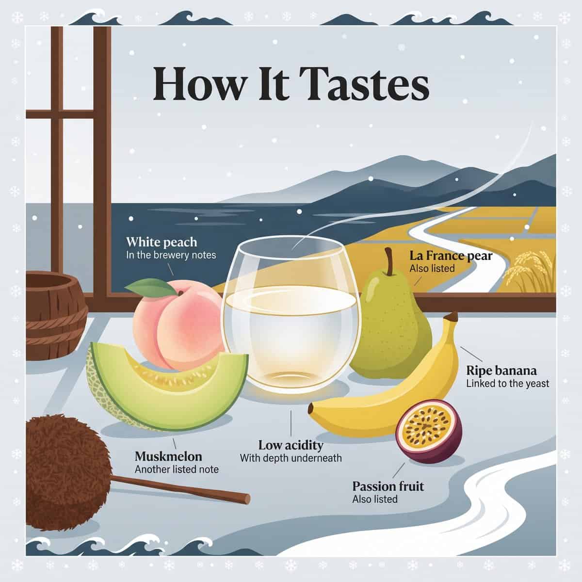 Illustration of a glass of sake surrounded by white peach, muskmelon, pear, banana and passion fruit tasting notes