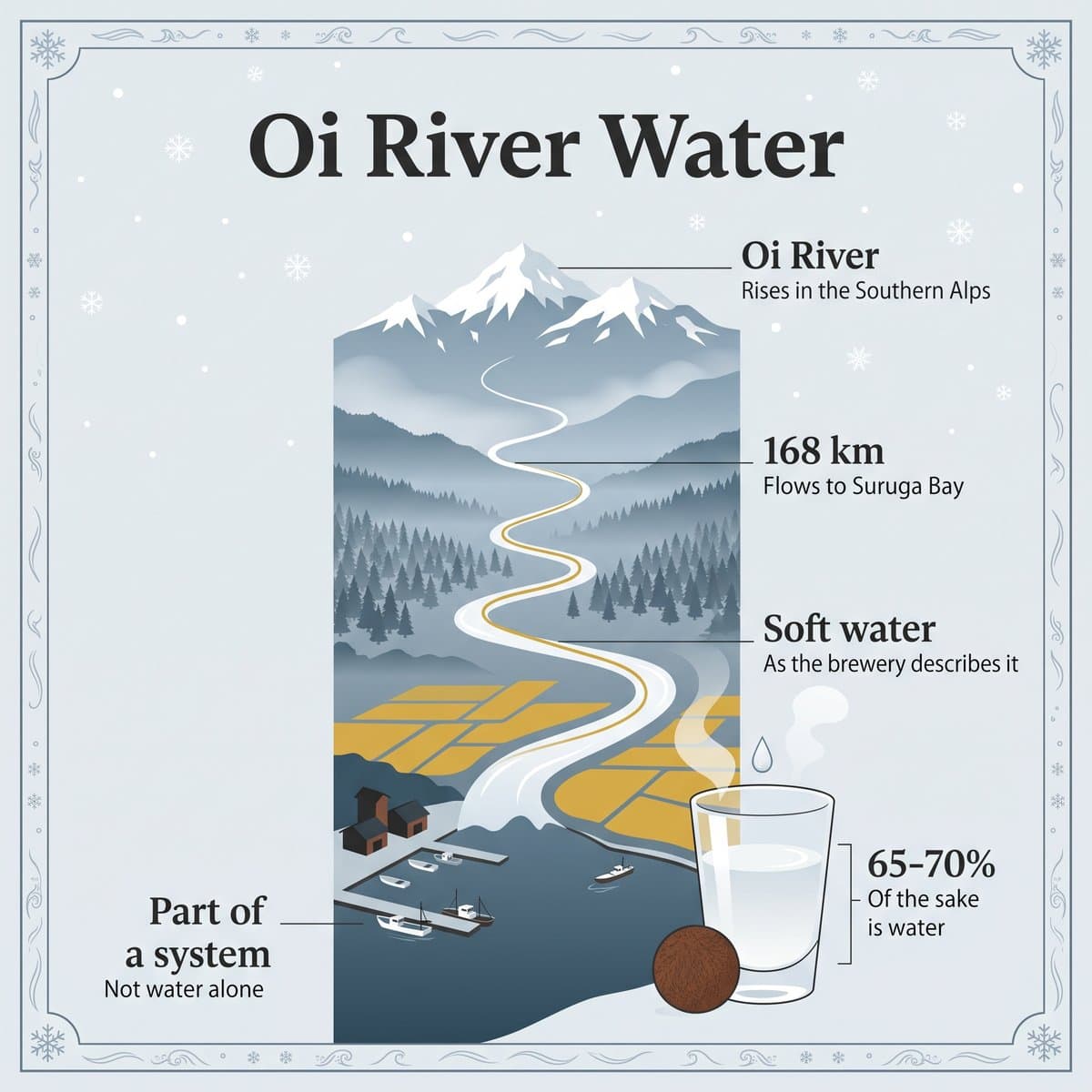 Illustration of the Oi River flowing from the snowy Southern Alps through rice fields to Suruga Bay, ending in a glass of sake