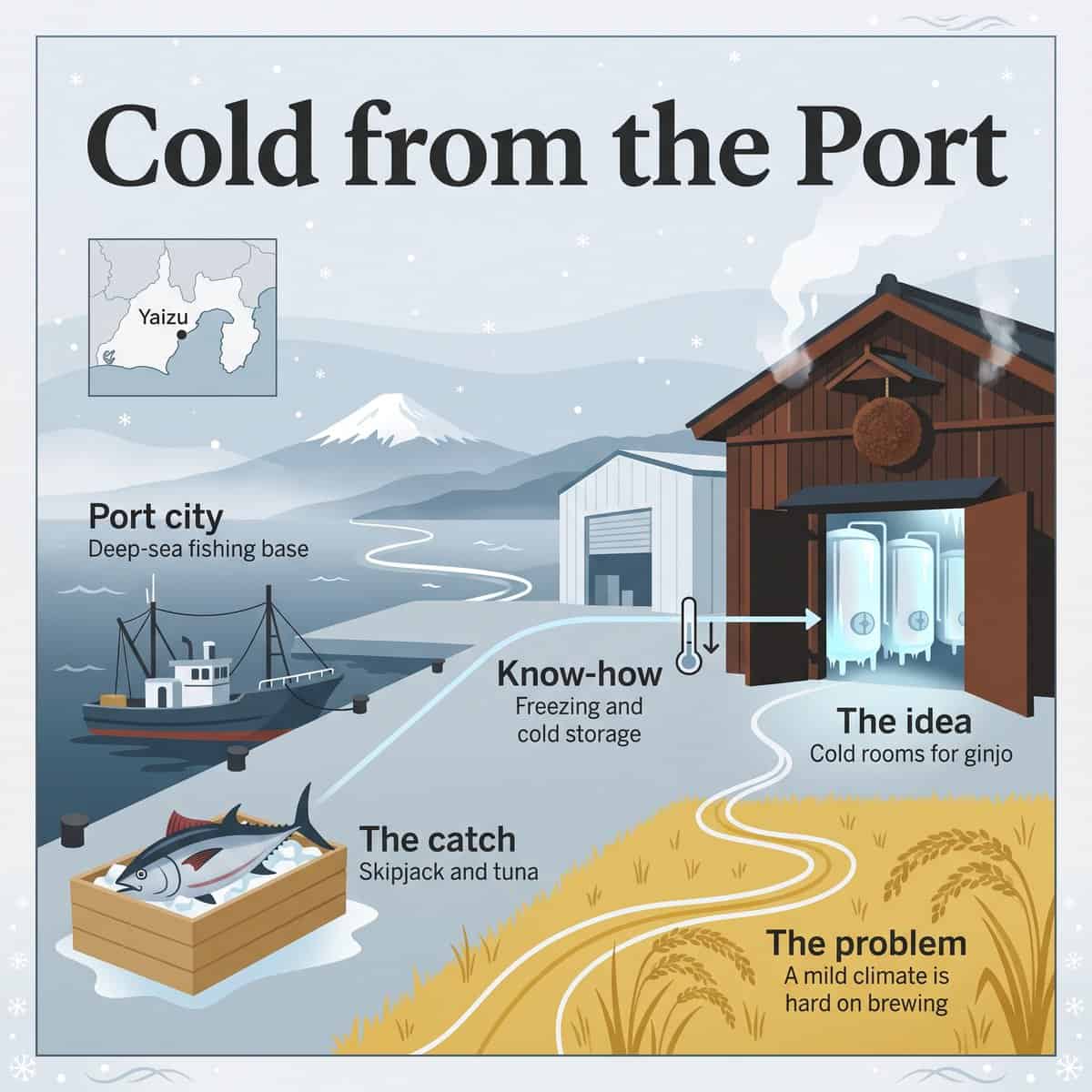 Illustration of Yaizu port with a fishing boat and tuna, a freezer warehouse and refrigerated sake tanks in a timber brewery, with a locator map of Shizuoka