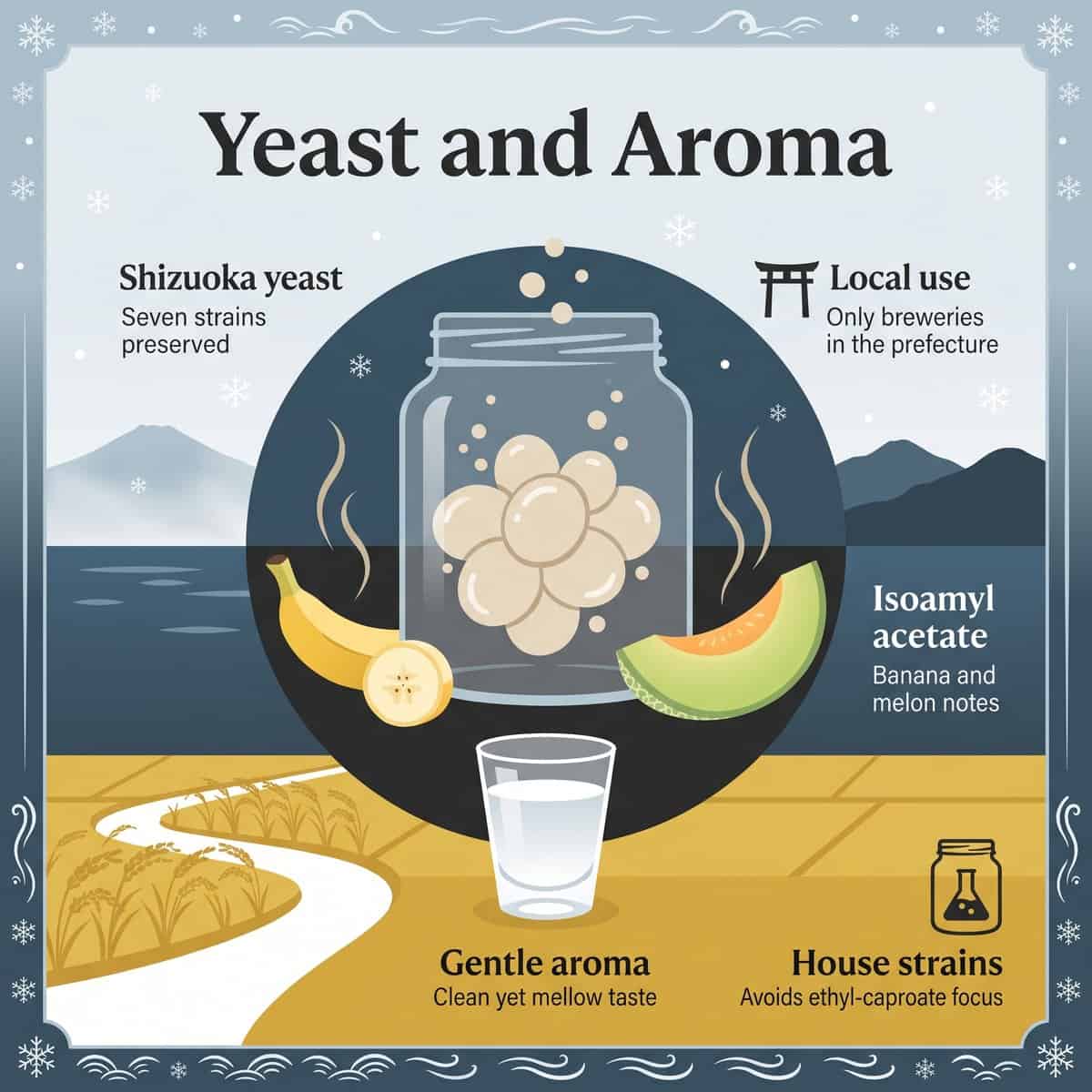 Illustration of Shizuoka yeast in a glass jar with banana and melon, linked to isoamyl acetate aroma
