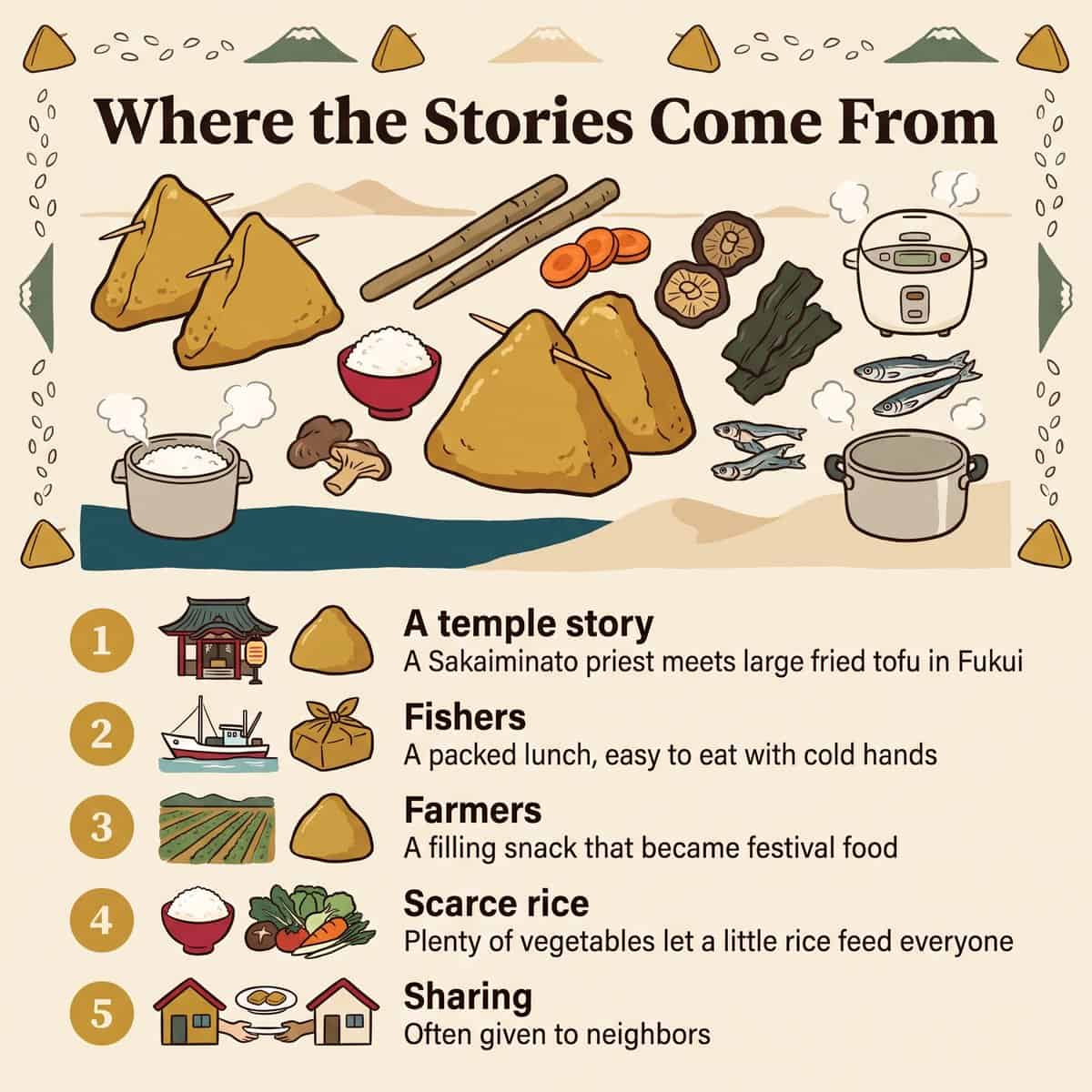 Ilustración de cinco historias locales sobre el itadaki: una historia de templo, pescadores, agricultores, escasez de arroz y compartir con los vecinos