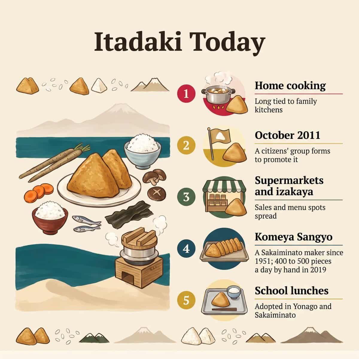 Ilustración de cinco puntos sobre el itadaki de hoy: cocina casera, un grupo ciudadano de 2011, supermercados e izakaya, Komeya Sangyo y comedores escolares