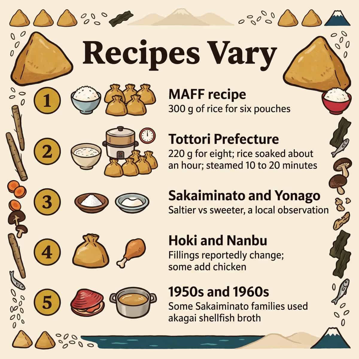 Ejemplos ilustrados de cómo varían las recetas de itadaki: MAFF, prefectura de Tottori, Sakaiminato y Yonago, Hoki y Nanbu, y caldo de marisco akagai