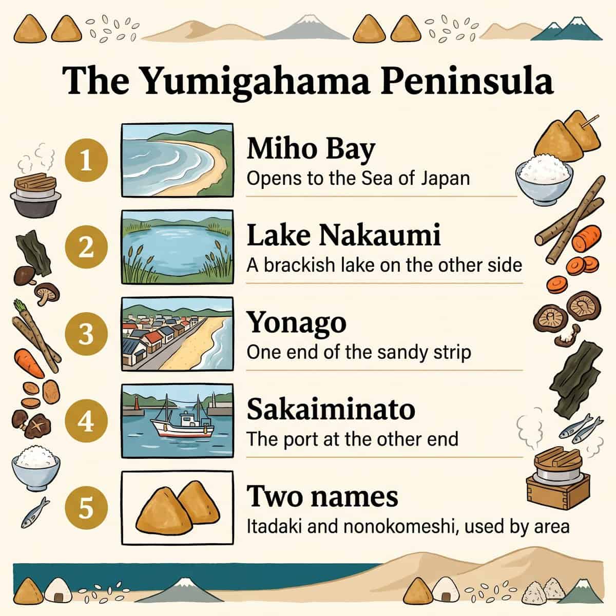 Ilustración con cinco datos sobre la península de Yumigahama: la bahía de Miho, el lago Nakaumi, Yonago, Sakaiminato y los dos nombres itadaki y nonokomeshi