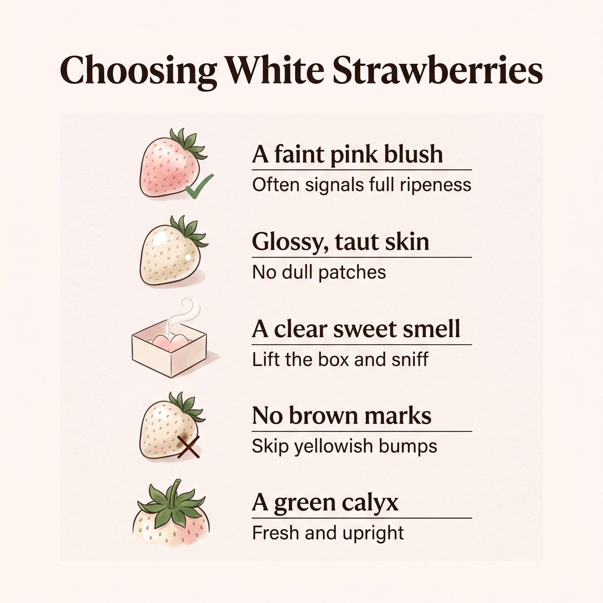 Illustration of how to choose white strawberries: a faint pink blush, glossy skin, a sweet smell, no brown marks and a green calyx