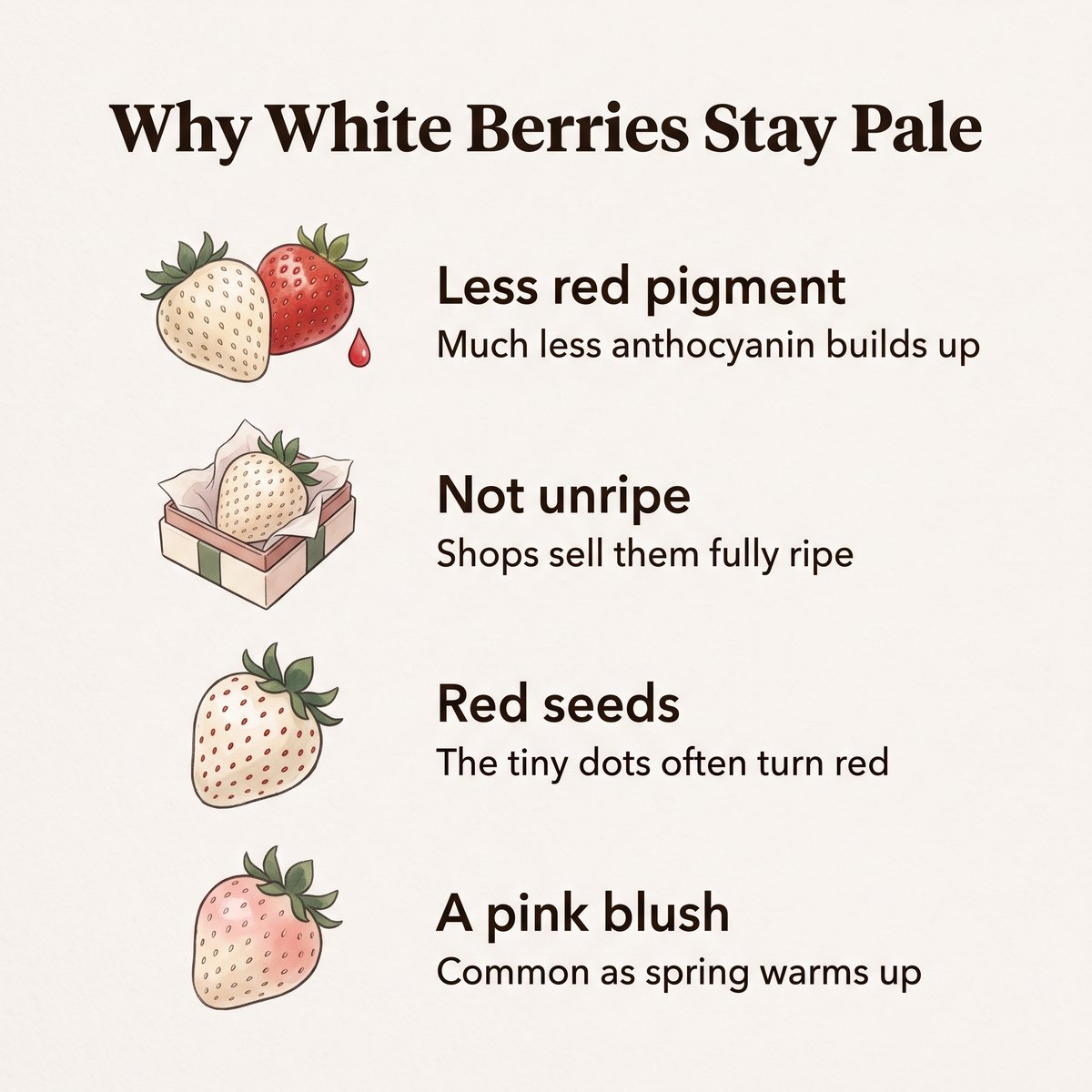 Illustration of why Japanese white strawberries stay pale: less red pigment, not unripe, red seeds and a pink blush