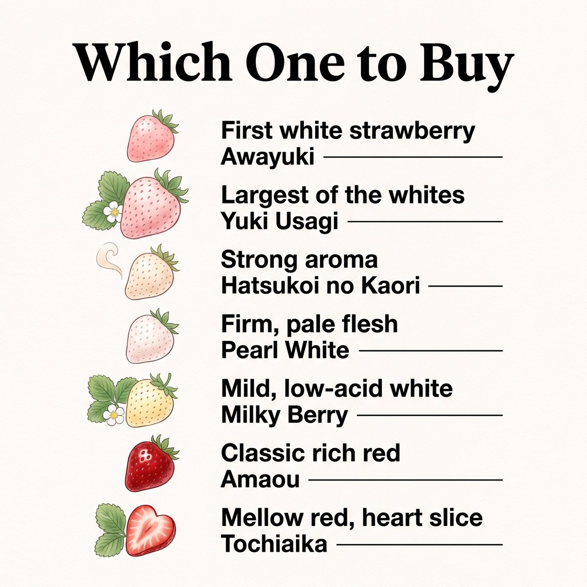 Illustration of which Japanese strawberry to buy, from Awayuki to Tochiaika