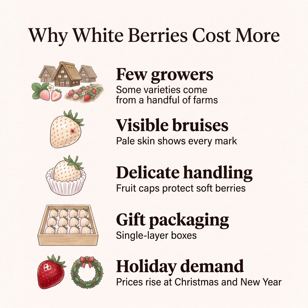 Illustration of why white strawberries cost more: few growers, visible bruises, delicate handling, gift packaging and holiday demand
