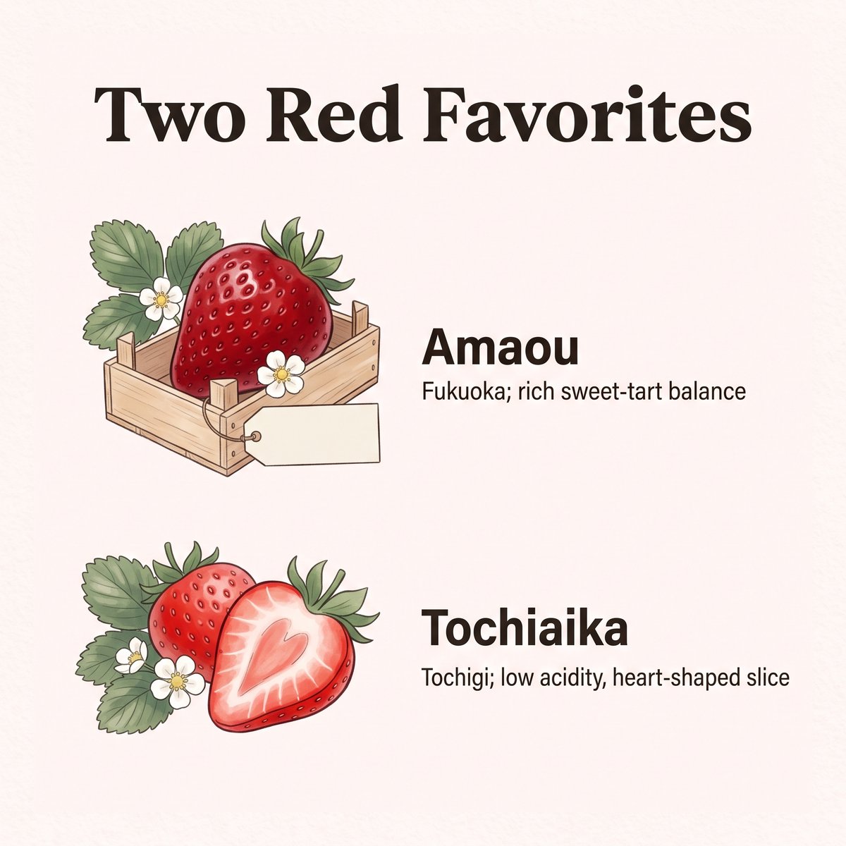 Illustration of two red Japanese strawberries: Amaou and Tochiaika with its heart-shaped slice