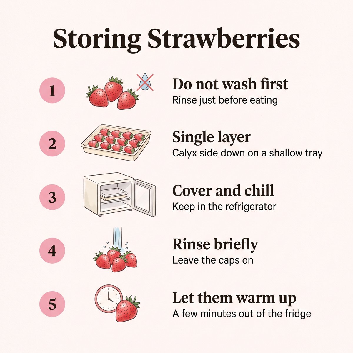 Illustration of five steps for storing Japanese strawberries