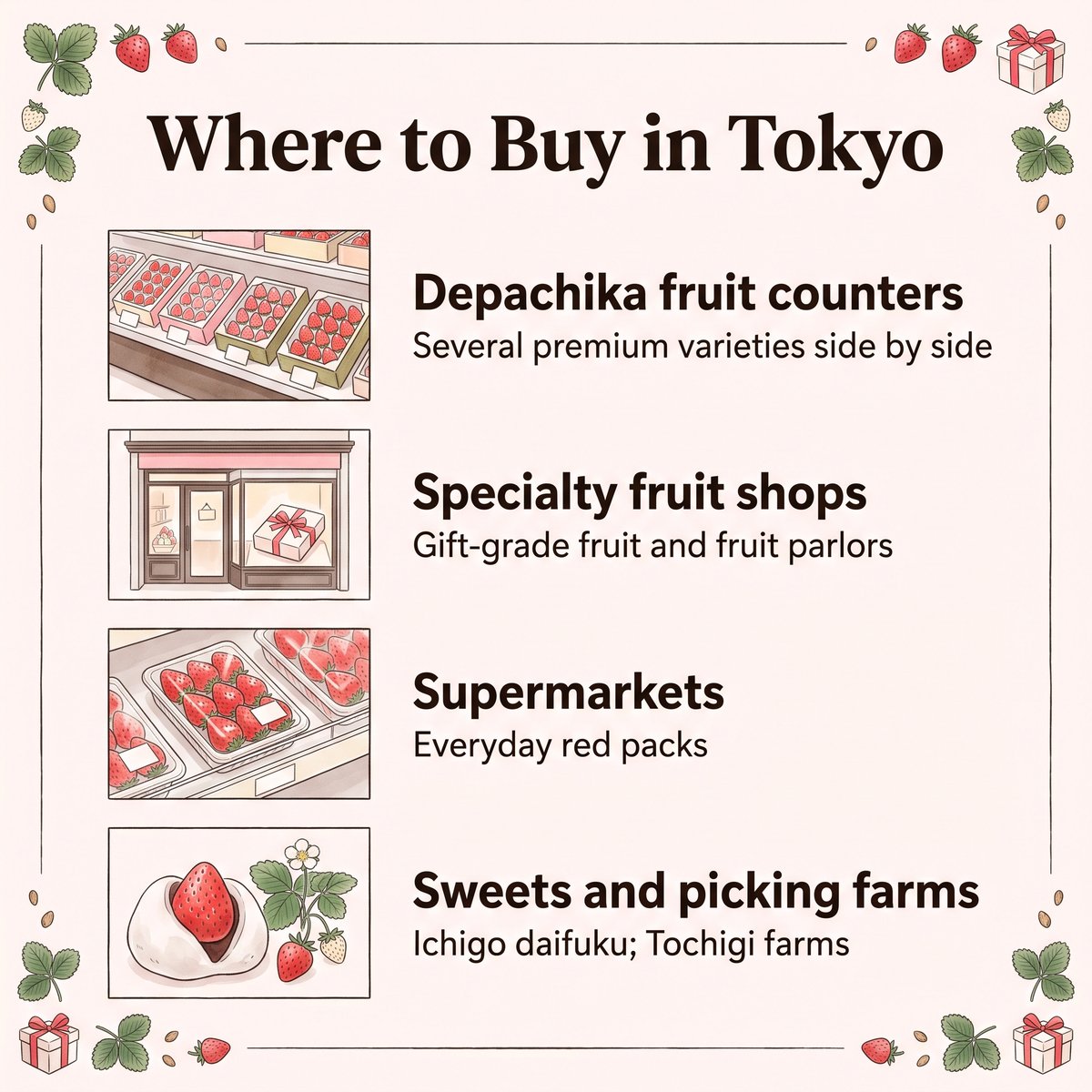 Illustration of where to buy Japanese strawberries in Tokyo: depachika, specialty fruit shops, supermarkets and sweets or picking farms
