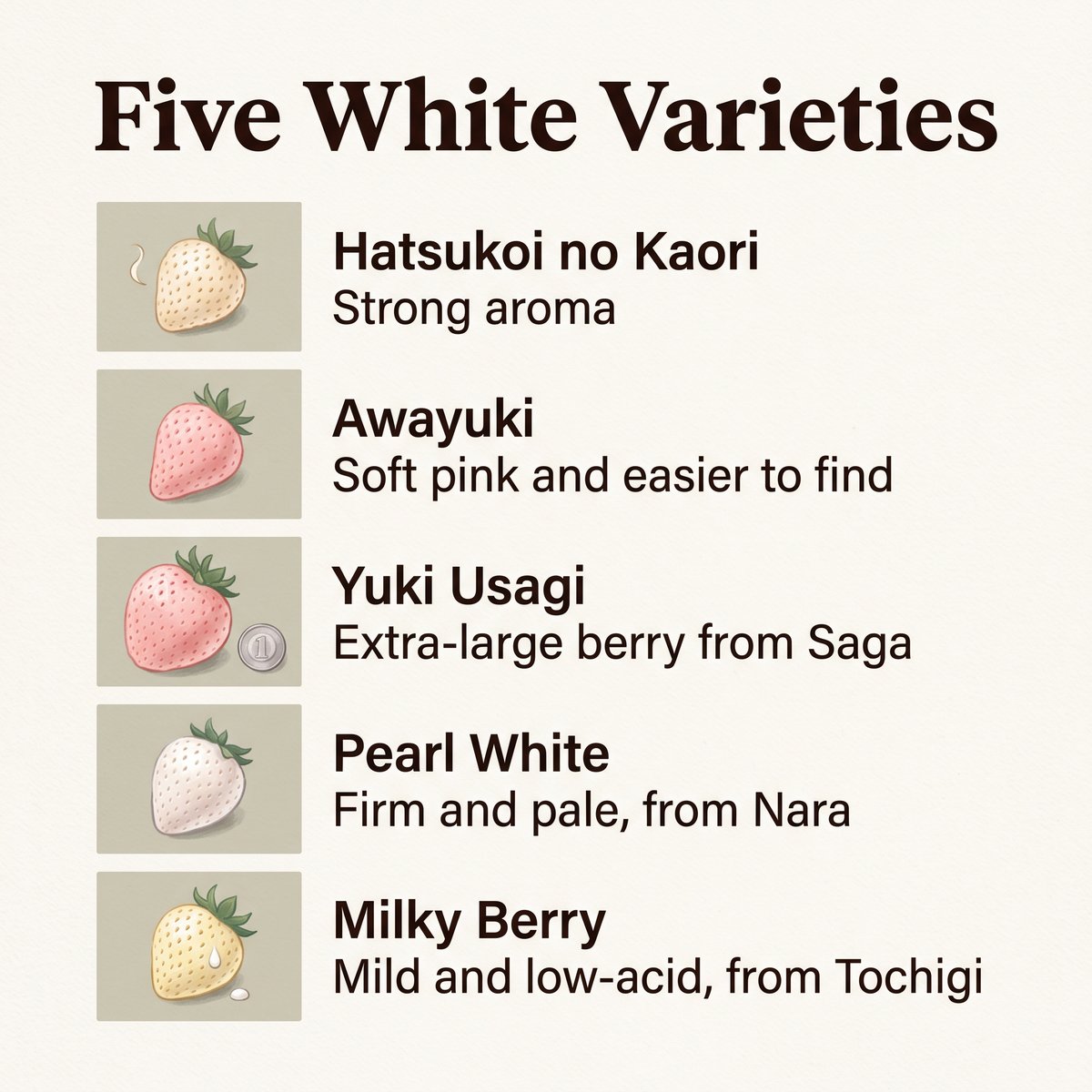 Illustration of five Japanese white strawberry varieties: Hatsukoi no Kaori, Awayuki, Yuki Usagi, Pearl White and Milky Berry