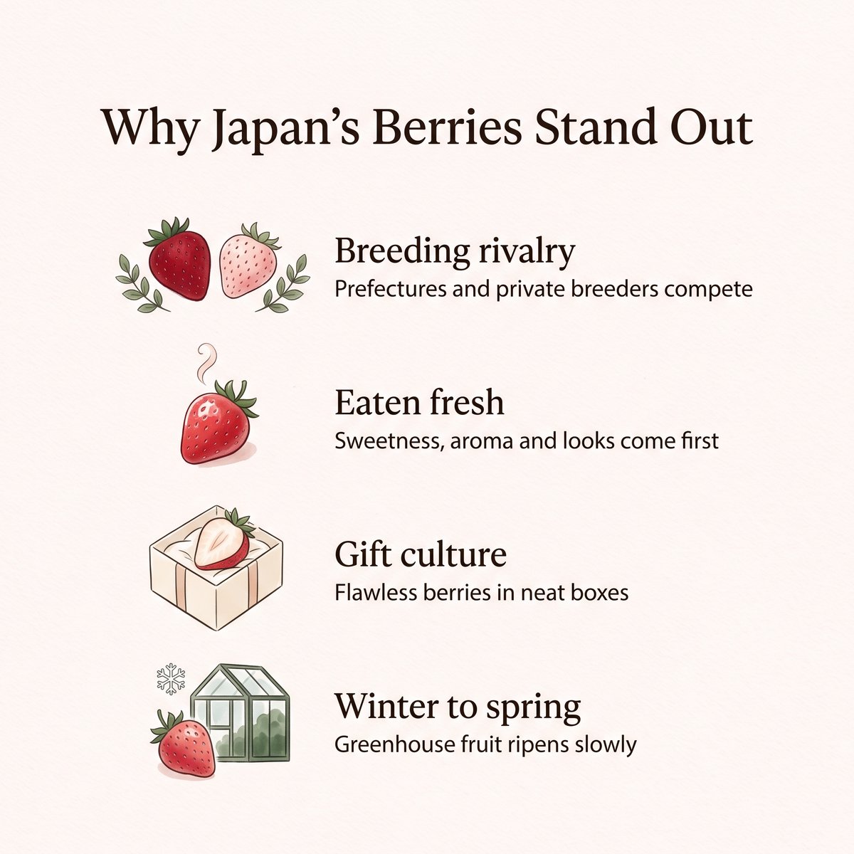 Illustration of why Japan's strawberries stand out: breeding rivalry, eaten fresh, gift culture and a winter-to-spring season