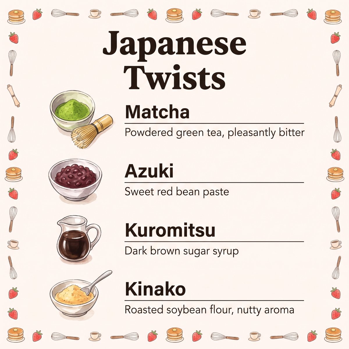 抹茶、红豆、黑蜜和黄豆粉这四种日式松饼风味的插图