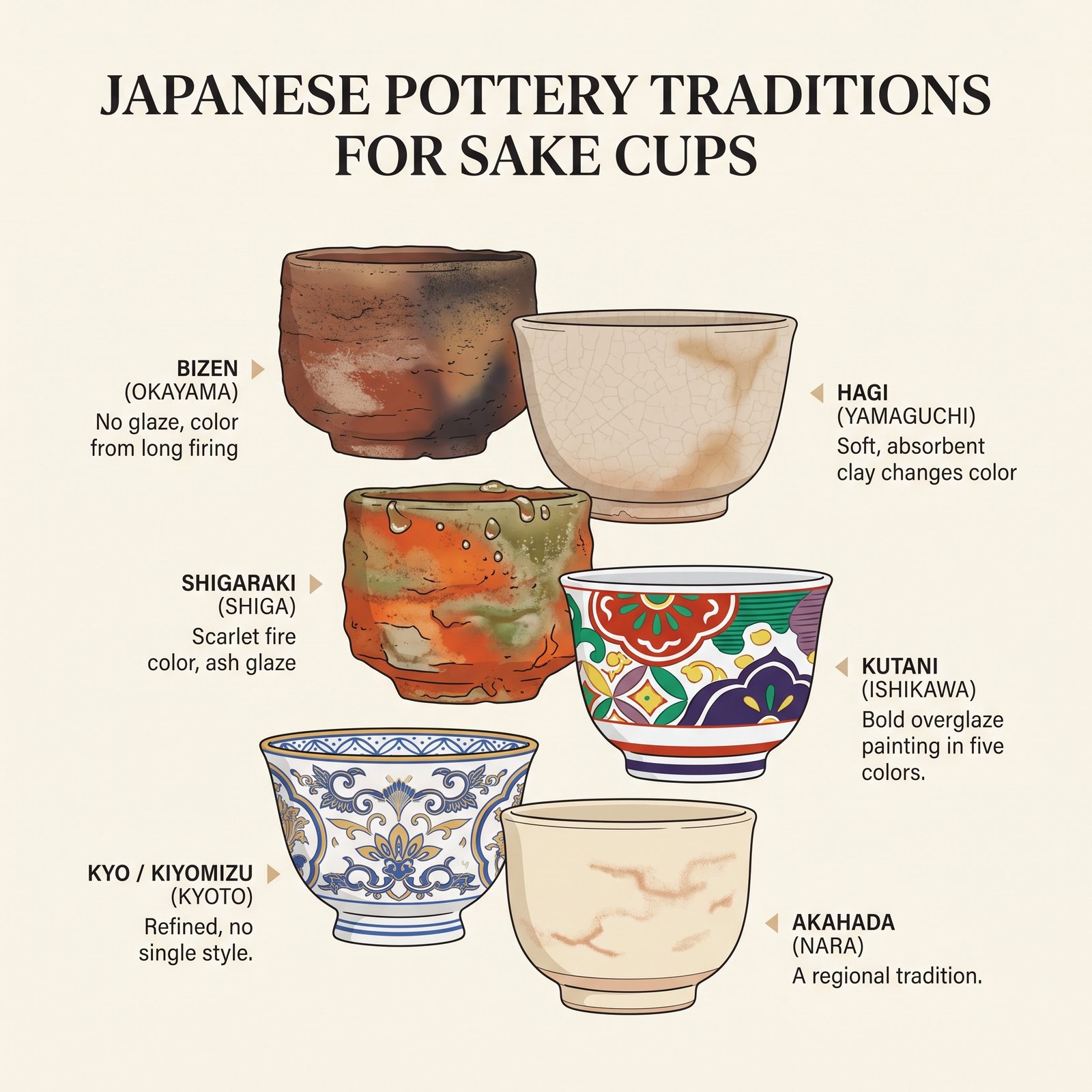 Six Japanese pottery traditions used for sake cups