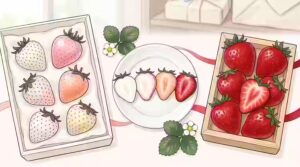 일본 딸기 가이드: 흰 딸기 5종과 붉은 딸기 2종 Japanese white and red strawberries in gift boxes with a plate of cross-sections
