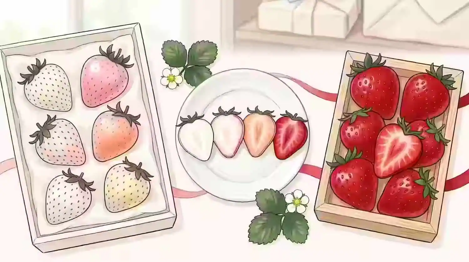 Japanese white and red strawberries in gift boxes with a plate of cross-sections