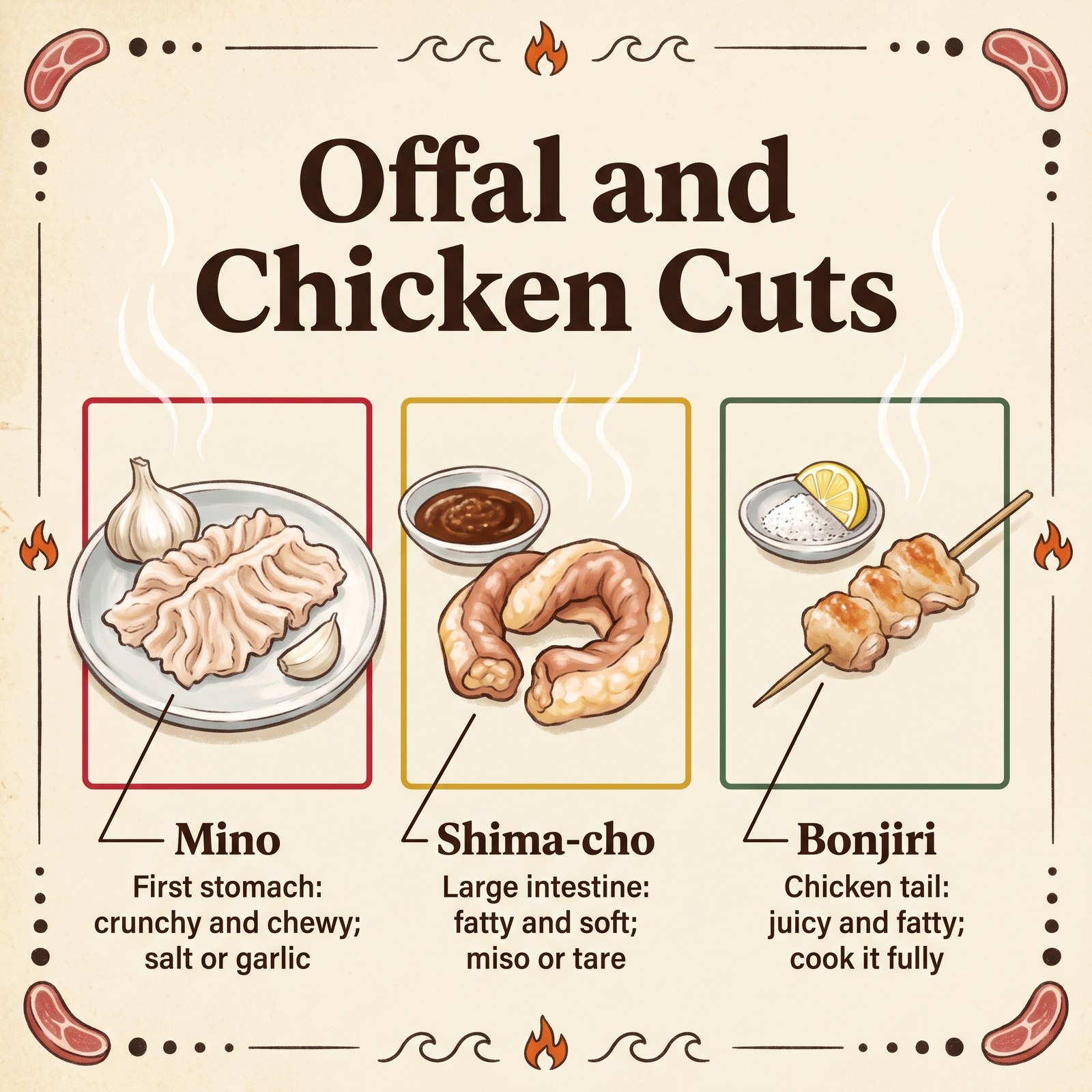 mino、shima-cho 與 bonjiri 燒肉部位插圖