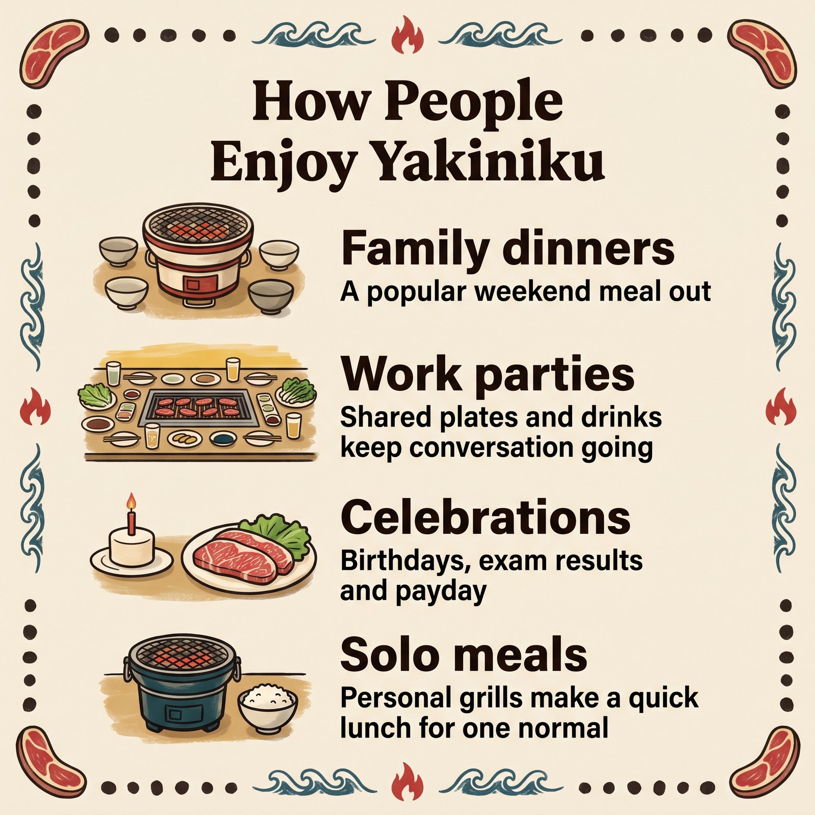 人們享用燒肉的方式插圖:家庭晚餐、公司聚餐、慶祝與一個人用餐