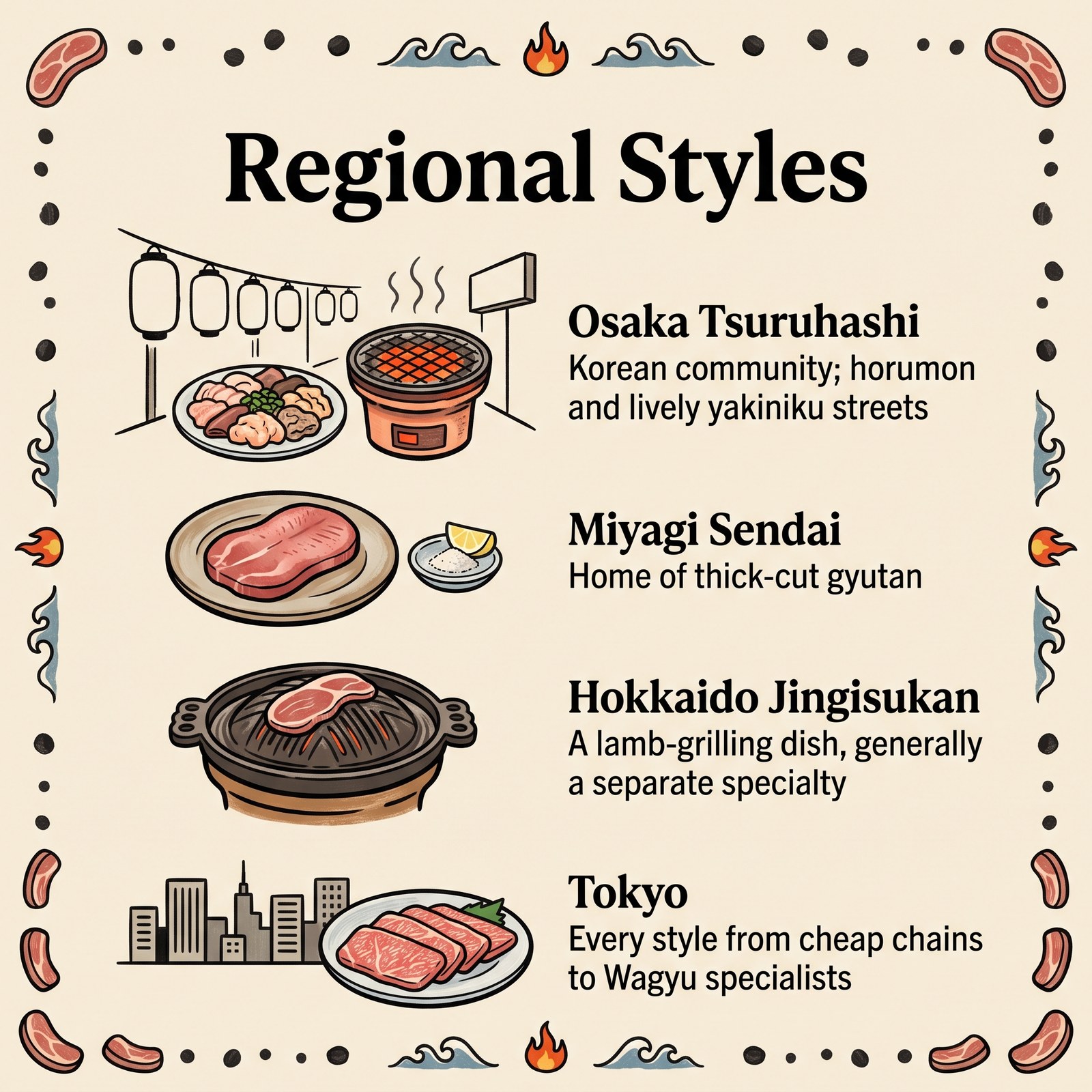 大阪、仙台、北海道與東京的地方燒肉風格插圖