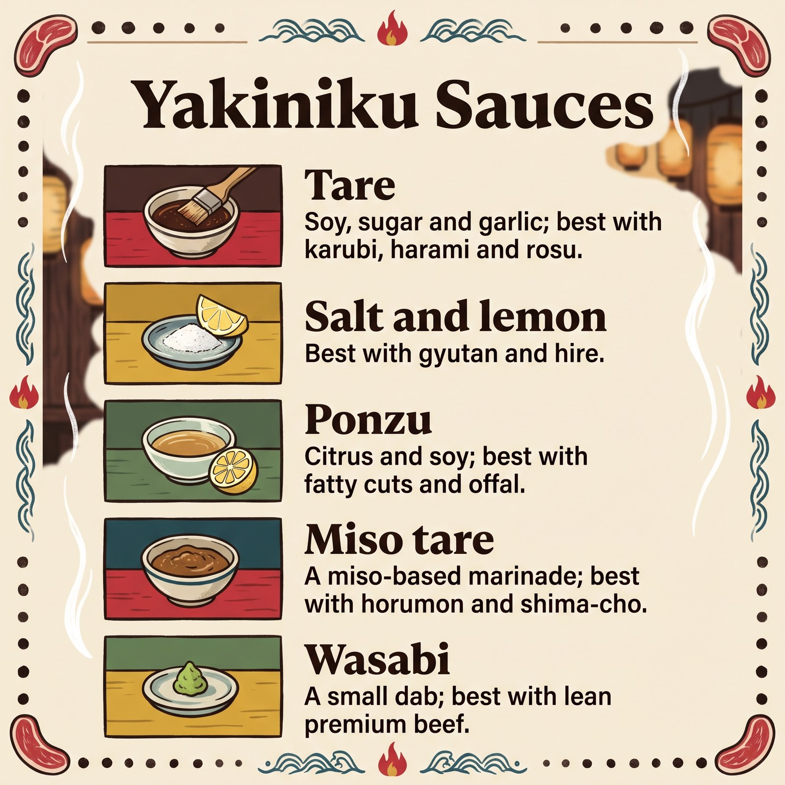 燒肉醬汁插圖:tare 醬、鹽與檸檬、ponzu、味噌 tare 醬與 wasabi