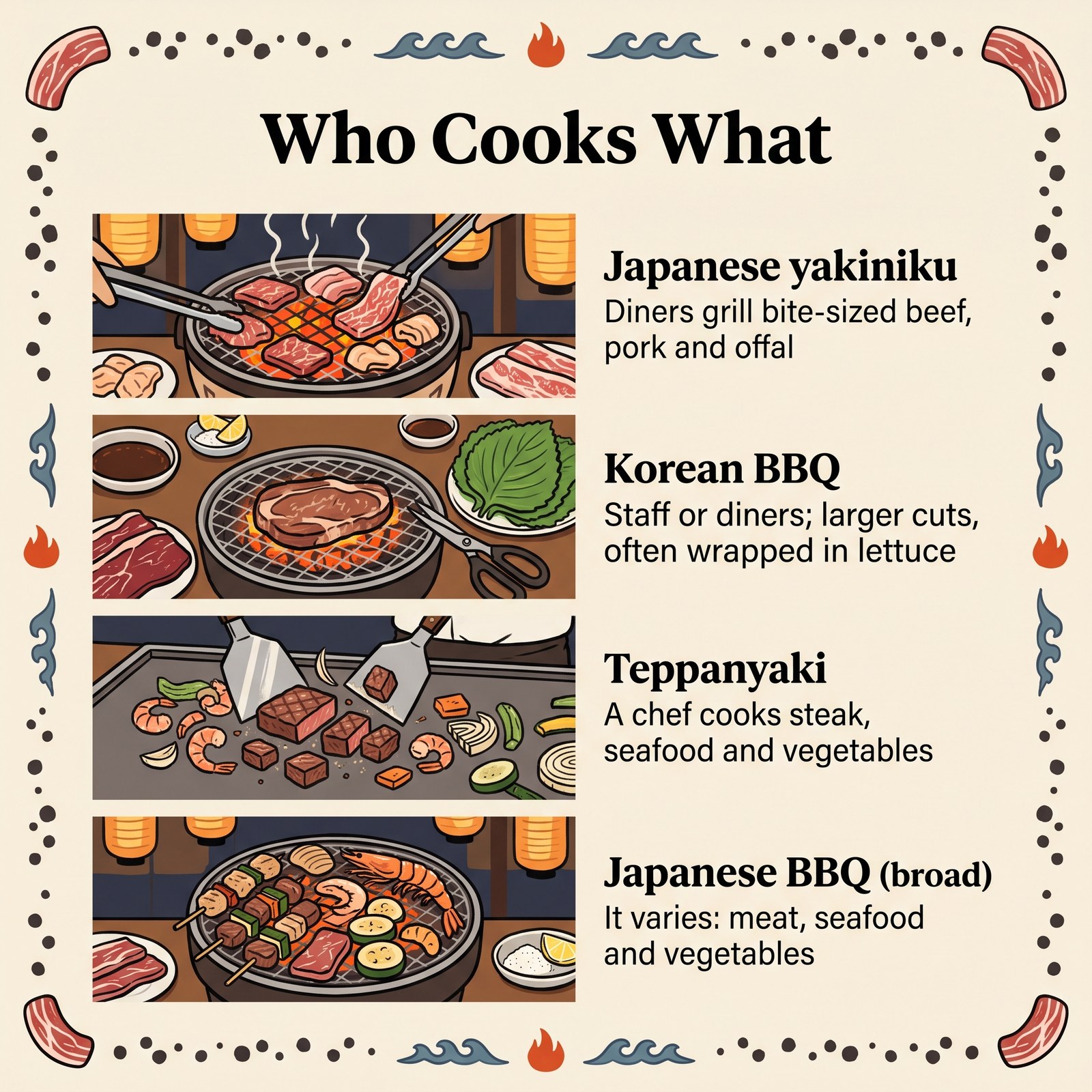依誰來烹調,比較日本燒肉、韓式烤肉、鐵板燒與廣義日式 BBQ 的插圖