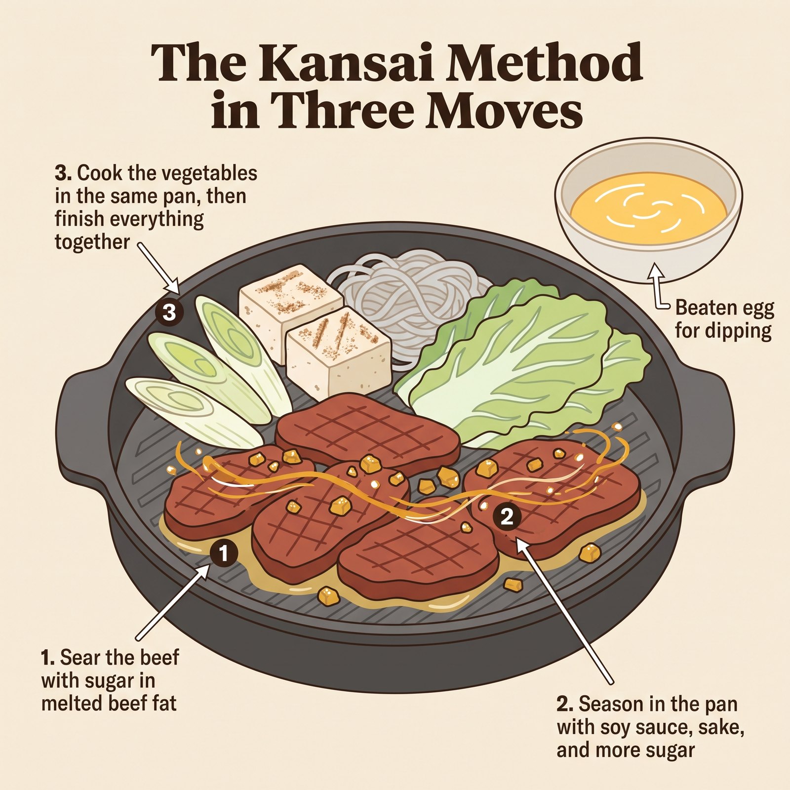 Diagrama del método de sukiyaki de Kansai en tres pasos: sellar la carne con azúcar en grasa de vacuno derretida, sazonar en la sartén y cocinar las verduras en la misma sartén, con un cuenco de huevo batido