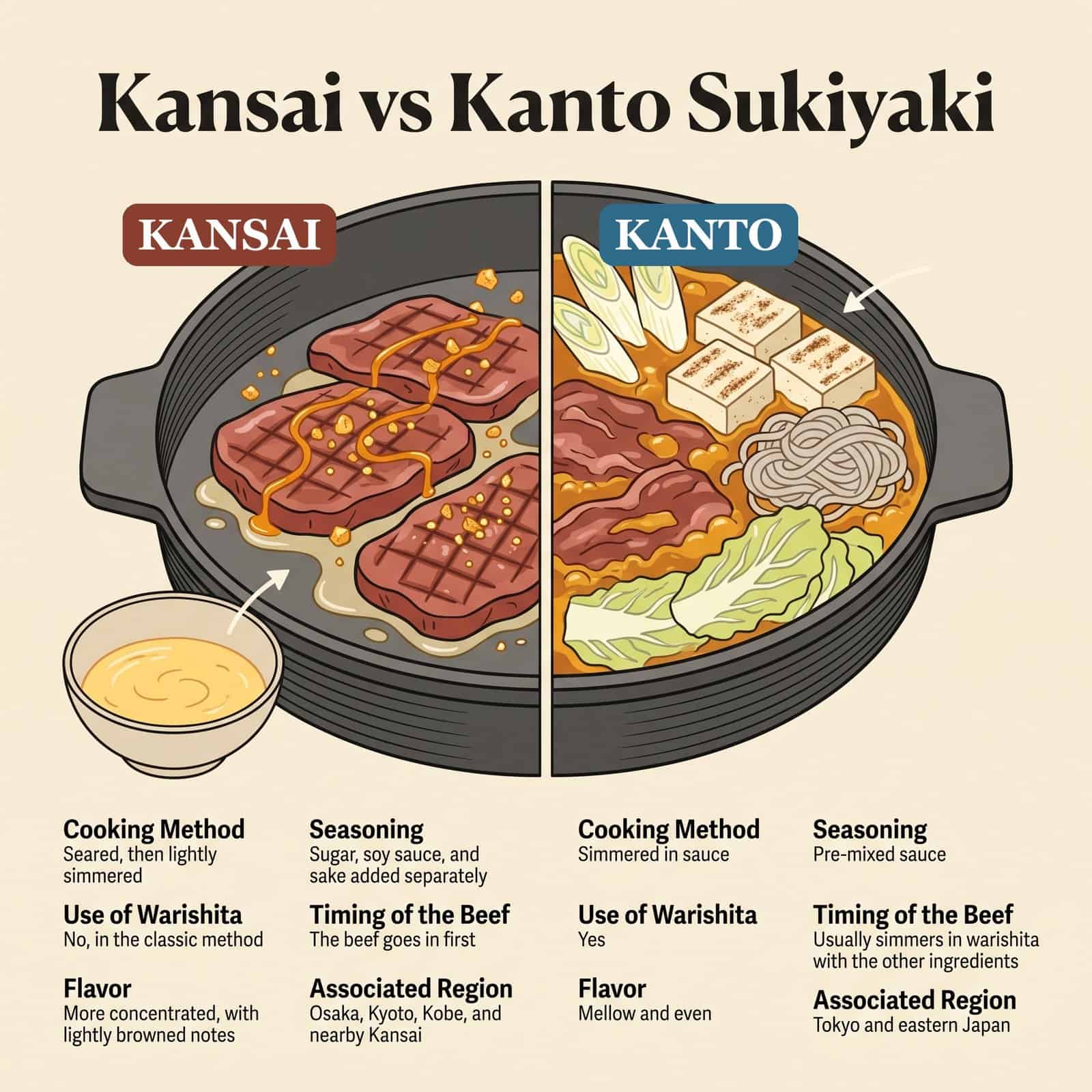 Schéma comparant le sukiyaki du Kansai et du Kanto : méthode de cuisson, assaisonnement, usage du warishita, moment d'ajout du bœuf, saveur et région