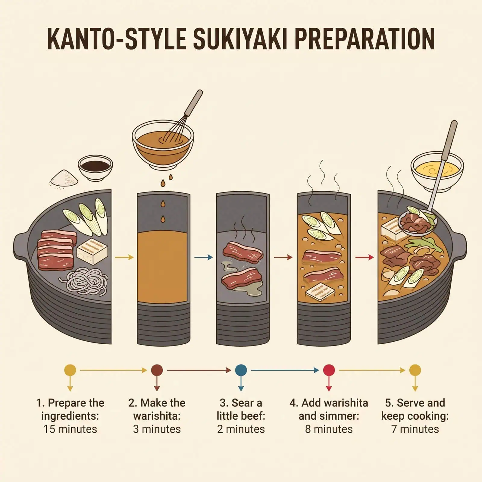 Sơ đồ năm bước và thời gian làm sukiyaki kiểu Kanto