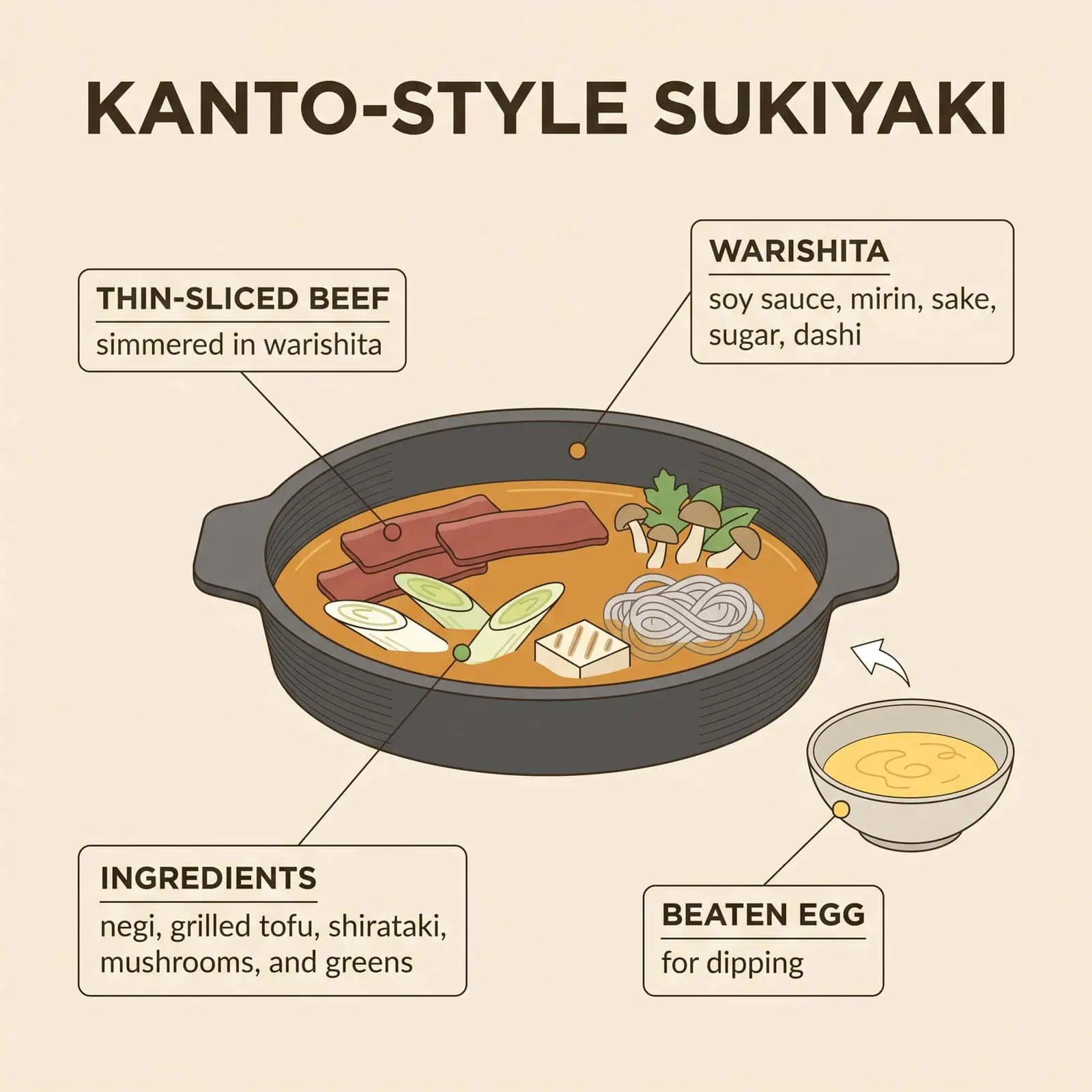 Sơ đồ mặt cắt sukiyaki kiểu Kanto với các nguyên liệu warishita, thịt bò, rau và trứng đánh tan