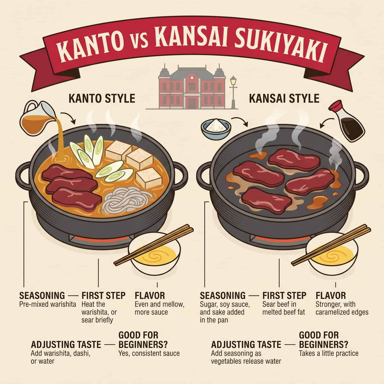 Poster im Meiji-Stil, das Kanto- und Kansai-Sukiyaki nach Würzung, erstem Schritt, Geschmack, Nachwürzen und Eignung für Anfänger vergleicht