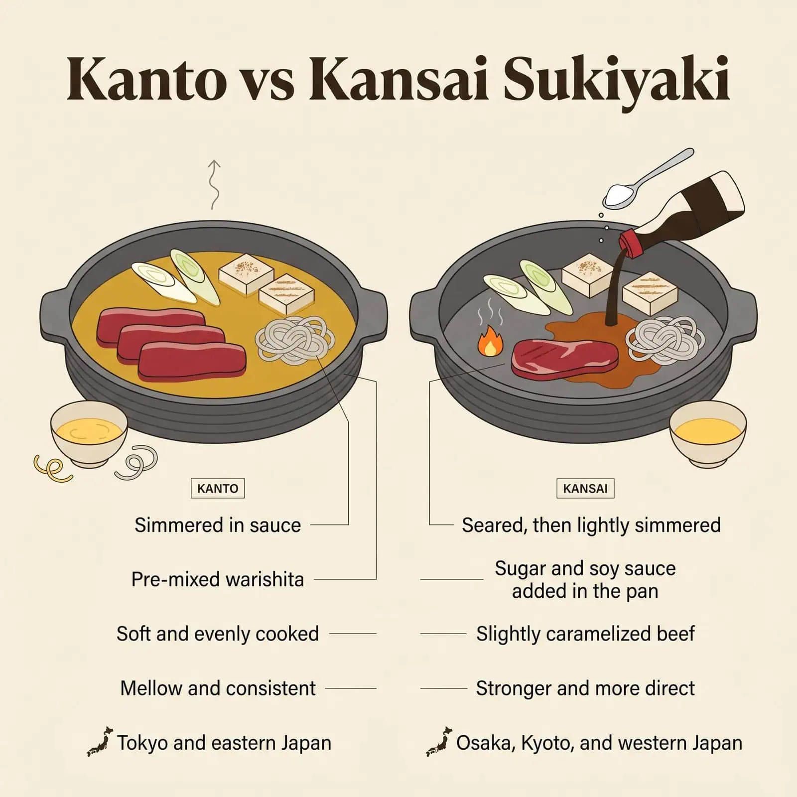 Sơ đồ so sánh nồi sukiyaki Kanto và Kansai theo cách nấu, gia vị, kết cấu, hương vị và vùng quê hương