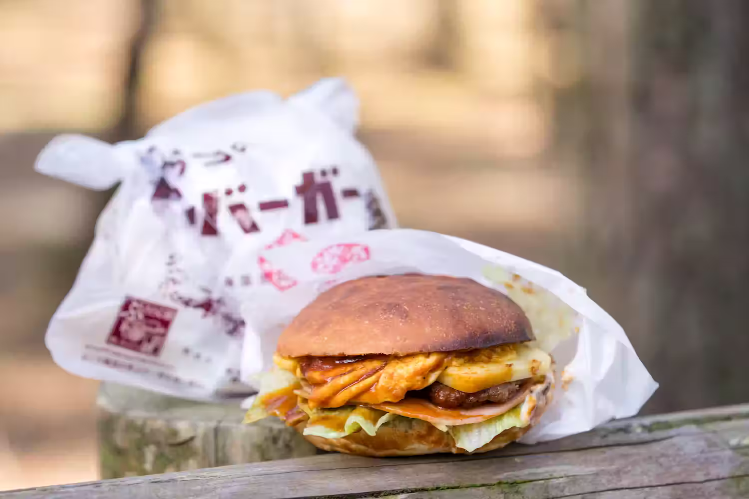 Karatsu Burger wrapped in paper beside its bag in the pine grove