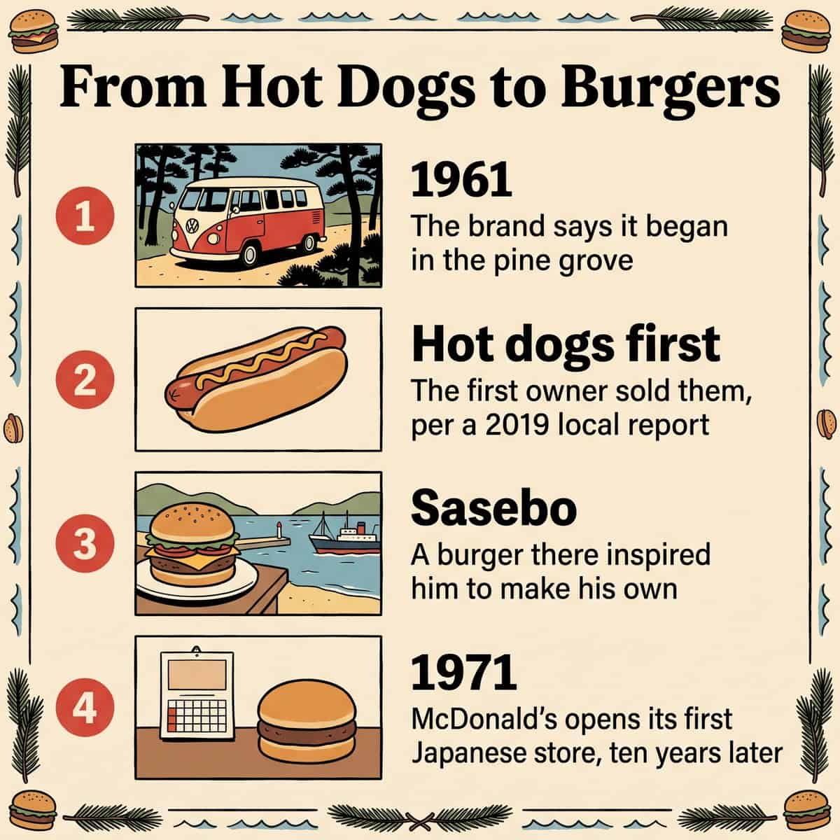 Illustrated timeline of Karatsu Burger: 1961 in the pine grove, hot dogs first, a Sasebo burger as inspiration and McDonald's opening in Japan in 1971