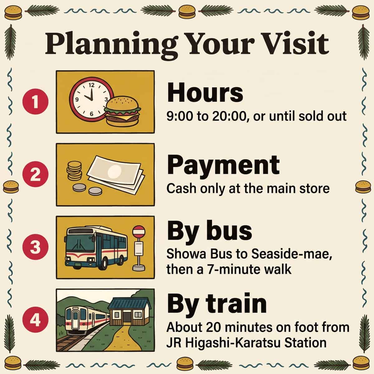 Illustrated visit guide for the Karatsu Burger main store: hours, cash-only payment, access by bus and by train