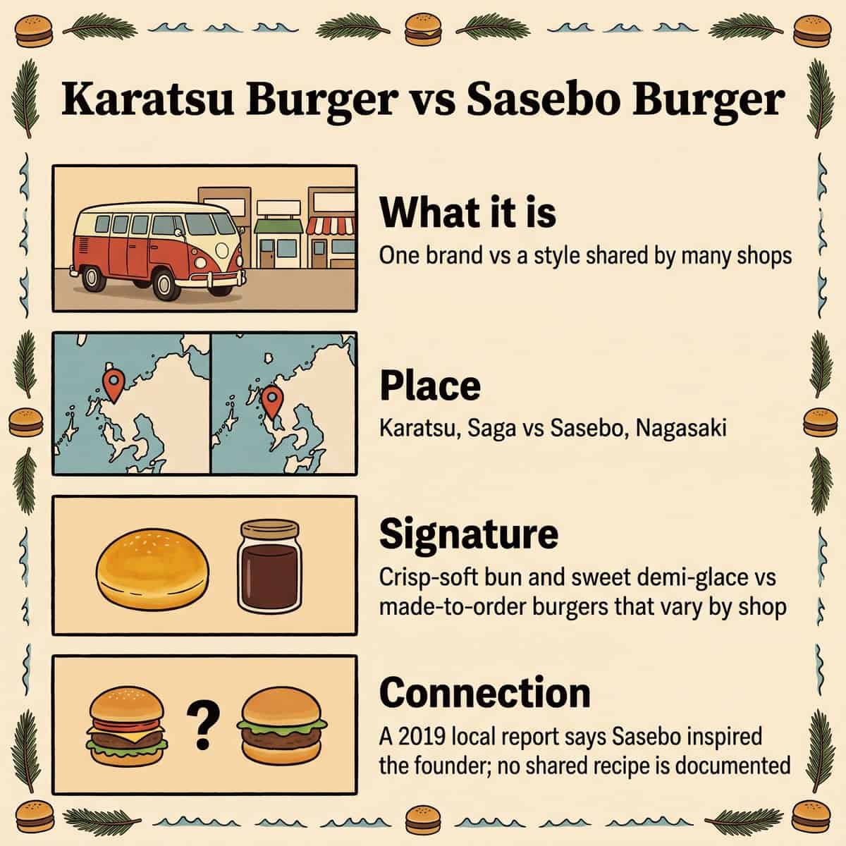 Illustrated comparison of Karatsu Burger and Sasebo Burger by type, place, signature and connection
