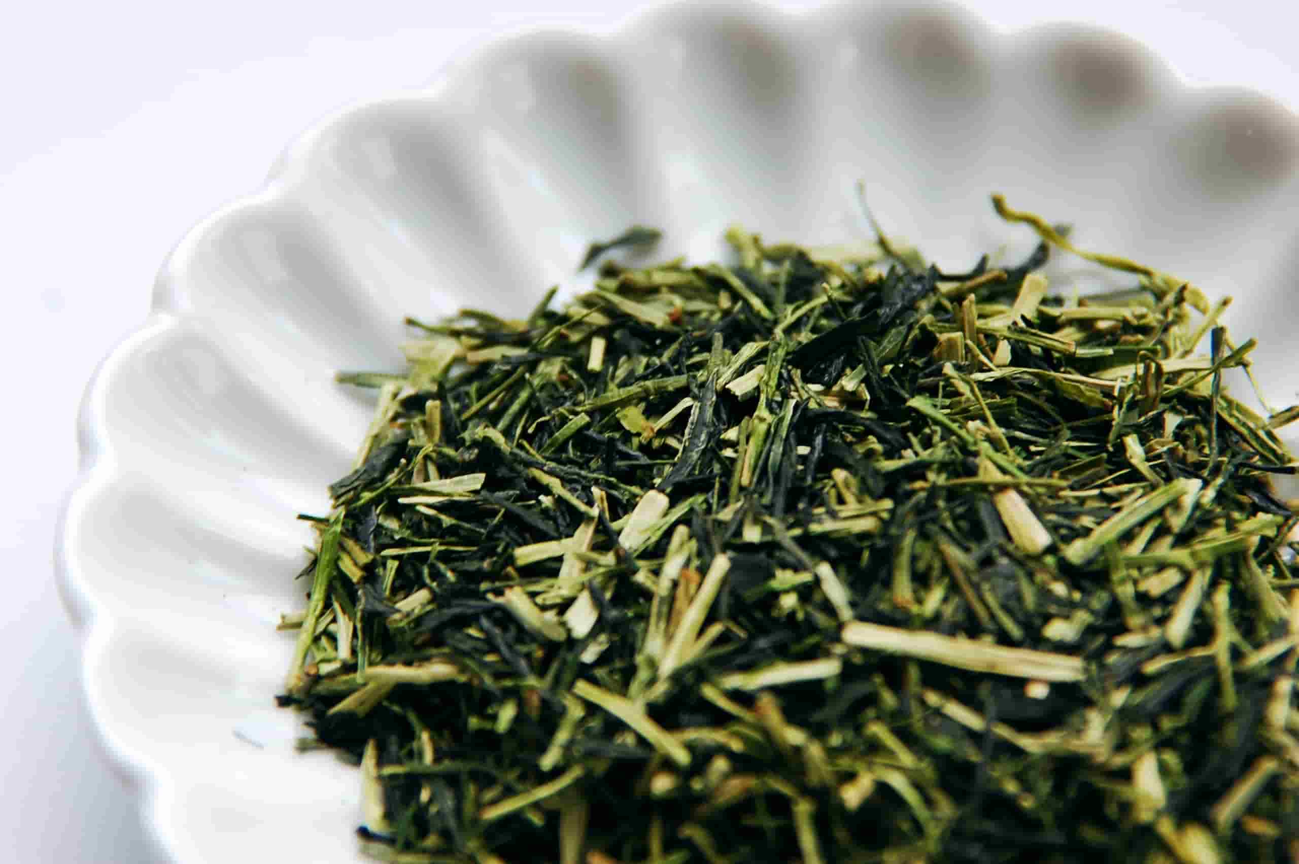 Karigane tea from Uji, a mix of pale green tea stems and dark green leaf pieces in a white dish
