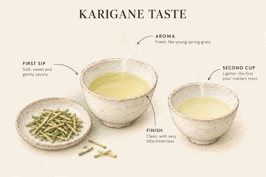 Illustrated guide to karigane flavor: sweet first sip, fresh aroma, clean finish and a lighter second cup