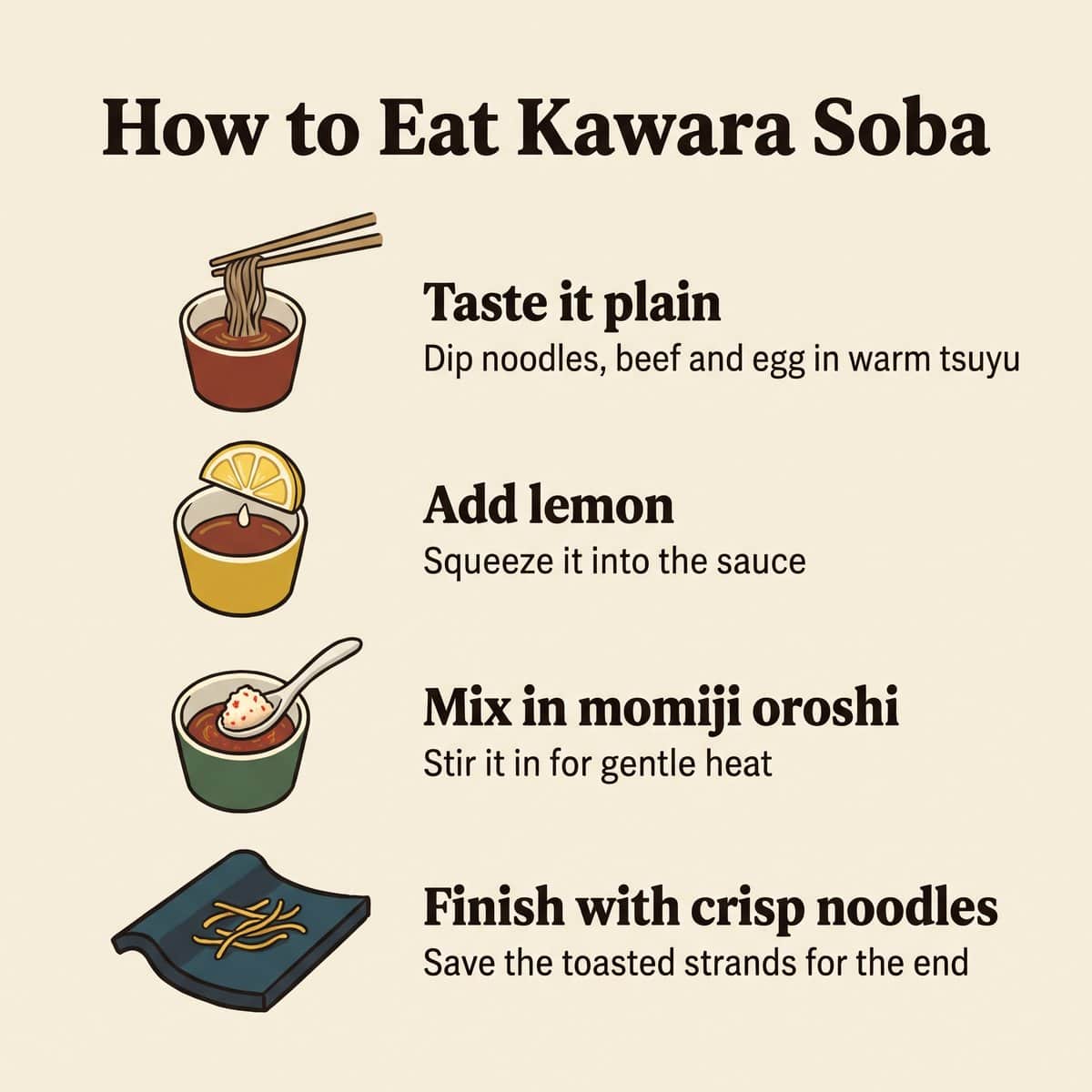 Illustration des quatre étapes pour manger la kawara soba : la déguster nature, ajouter du citron, mélanger le momiji oroshi et finir avec les nouilles croustillantes