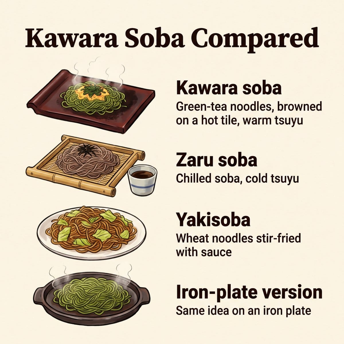 Illustration comparant la kawara soba, la zaru soba, le yakisoba et la version sur plaque de fonte