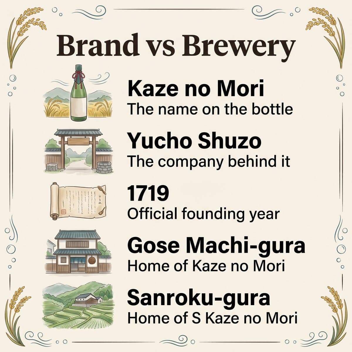 Illustration of Kaze no Mori as a brand versus Yucho Shuzo as the brewery, with the Gose Machi-gura and the Sanroku-gura