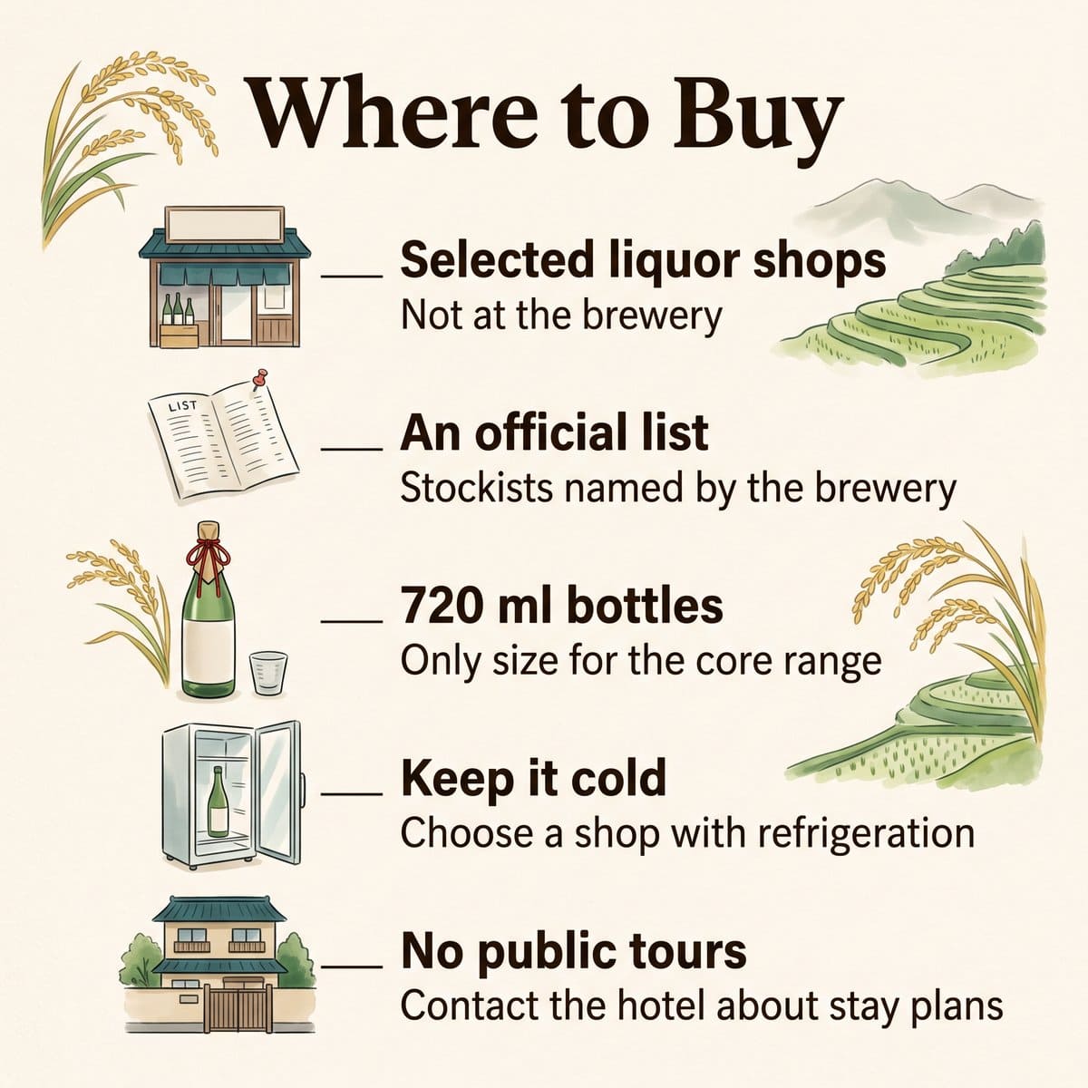 Illustration of where to buy Kaze no Mori: selected liquor shops, an official list, 720 ml bottles and keeping the bottle cold